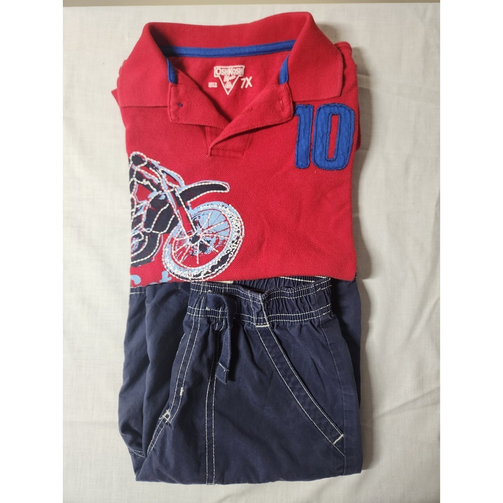 Boy's Osh Gosh‎ 2 piece Set Size 7X Red Motorcycle Polo W/Navy Shorts